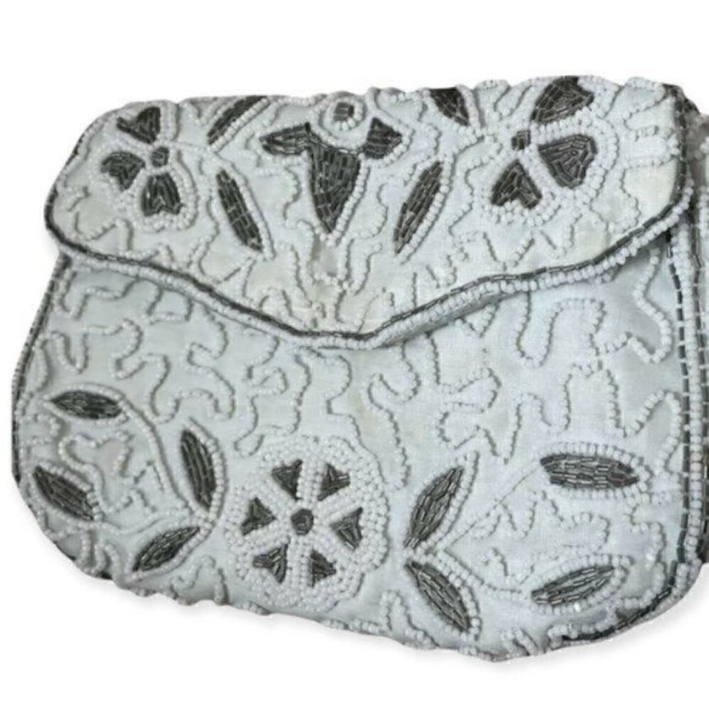 50s VTG Walborg Beaded Clutch Light Blue Exterior Shell With White Silver Beads